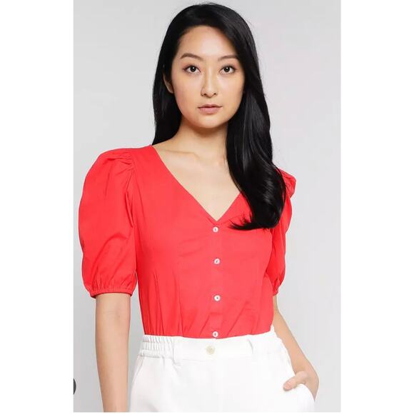 French Connection Armina Organic Poplin short puff sleeve top 4 - Picture 1 of 10